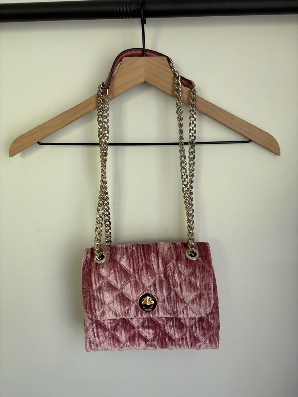 Kate Spade Pink Velvet Quilted Chain Shoulder Crossbody Bag